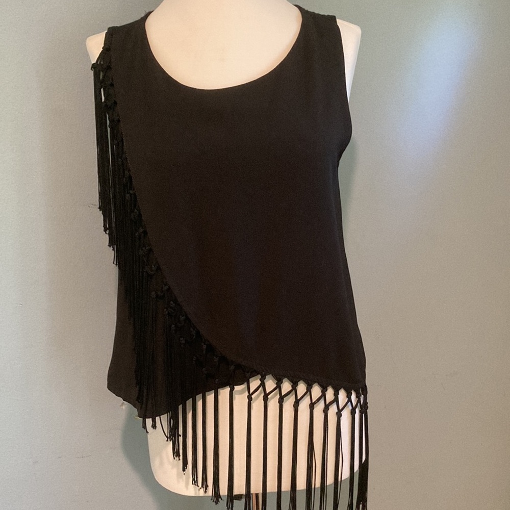 Caren Forbes Black Sleeveless Tank with Fringe M Dance Sassy Fun Goth
